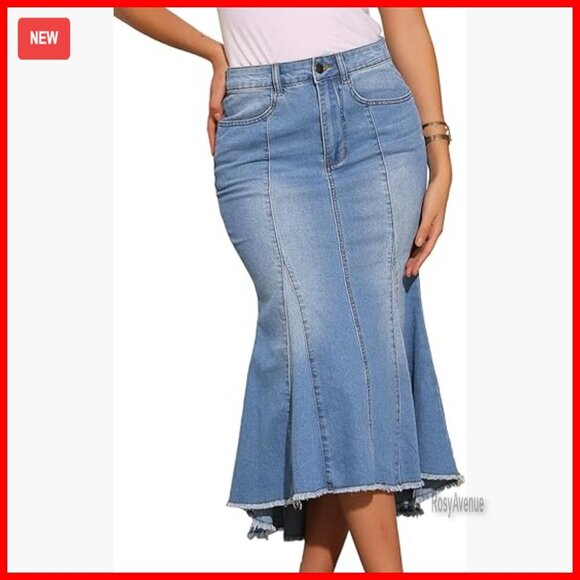 Dresses & Skirts - High Waist Midi Denim Skirt with Raw Hem and Pockets